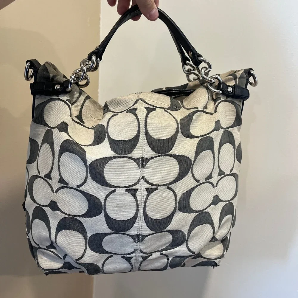 Coach Signature C Black White Canvas Leather Large Hobo Bag 14818